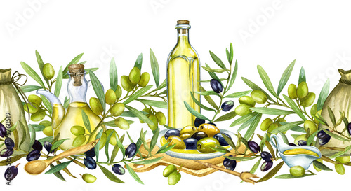 Watercolor endless border, banner, Olive branch, black olives and green olives. Realistic elements of garlic and lemon, vegetable oil glass bottle. Kitchen design, apron, fabric and packaging