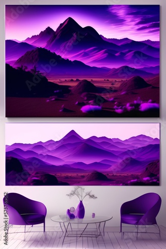 purple landscape with mountains and planet - generative ai