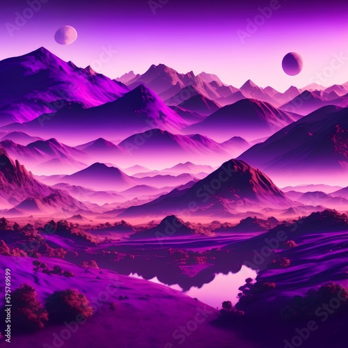 purple landscape with mountains and planet - generative ai