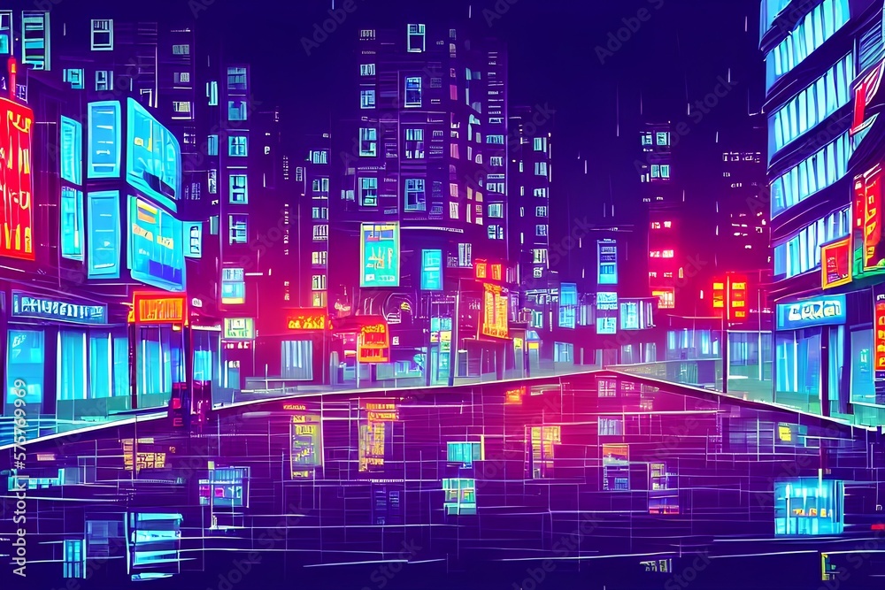 Rainy weather in night city street with neon lights. Vector cartoon illustration of rainfall in modern megalopolis with shops, apartment buildings. Windows of sky - generative ai