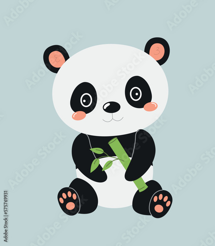 Cute panda eat bamboo. Charming character sitting with plant. Flora and fauna  Asian culture. Zoology and biology. exotic animal with tree. Cartoon flat vector illustration