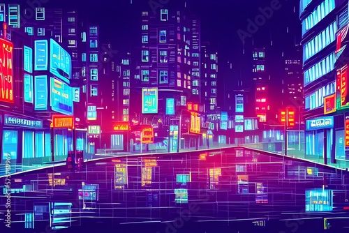 Rainy weather in night city street with neon lights. Vector cartoon illustration of rainfall in modern megalopolis with shops  apartment buildings. Windows of sky - generative ai
