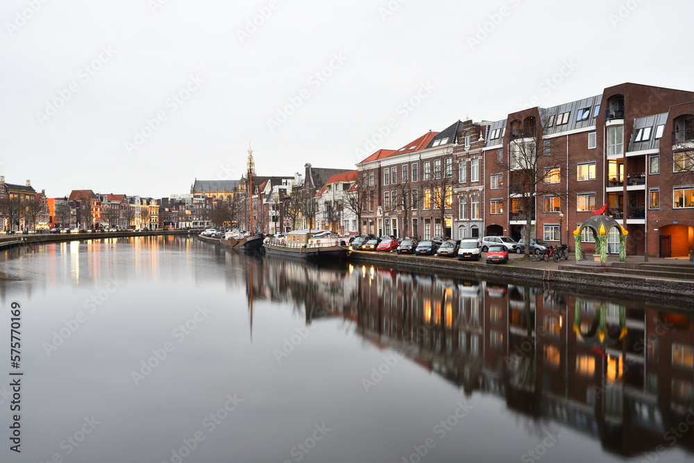 Spaarne River in Haarlem in the evening.