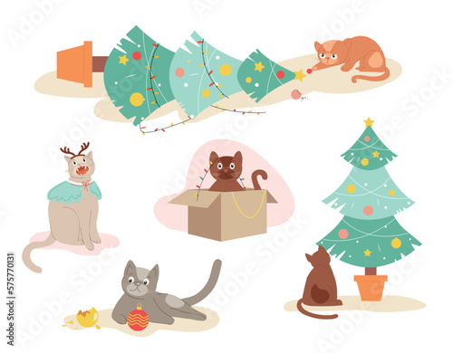 Winter cat set. Symbol of winter holidays and festivals, Christmas and New Year. Playful kitten with tree, garland and decoration. Cartoon flat vector illustrations isolated on white background
