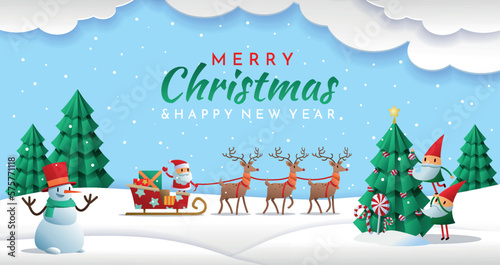 Merry Christmas banner. Design for invitation and greeting postcard. Santa on sleigh with reindeer rides in forest next to snowman. Holiday and festival, New year. Cartoon flat vector illustration © Rudzhan