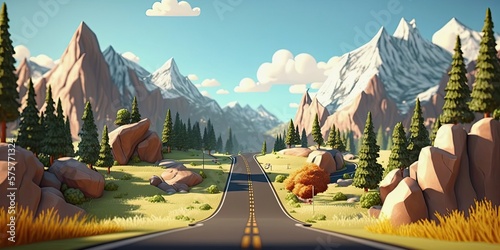 Lonely road among mountains, warm sunny day. Beautiful summer landscape, cartoon illustration as background or wallpaper. Generative AI art.