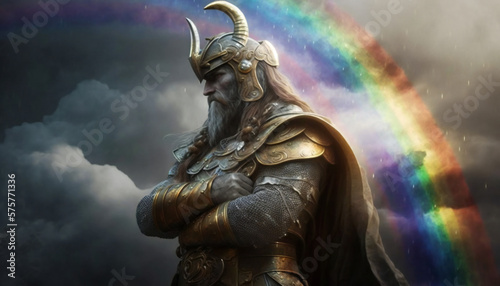 Heimdall the watchman of the gods, standing guard over Bifrost, the rainbow bridge - German Mythologies - Generative AI