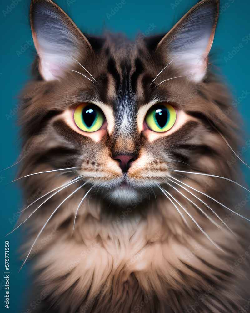 Portrait of a beautiful fluffy cat on a blue background. Generative AI Portrait of a beautiful fluffy cat on a blue background. Generative AI