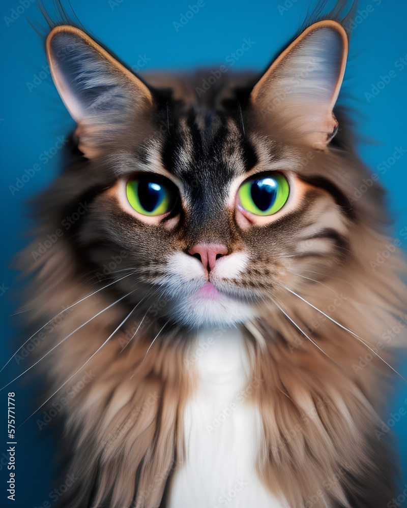Portrait of a beautiful fluffy cat on a blue background. Generative AI