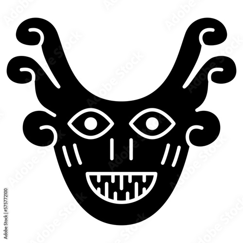 Tribal mask. Funny face. Ethnic design of Nazca Indians from ancient Peru. Black and white negative silhouette.