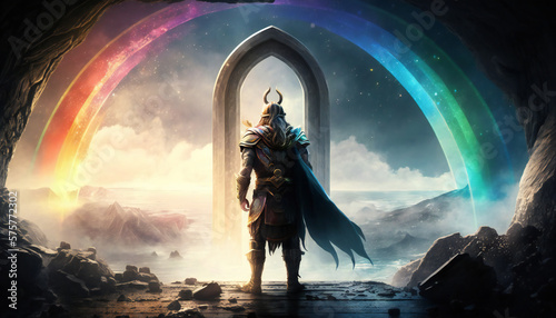 Heimdall the watchman of the gods, standing guard over Bifrost, the rainbow bridge - German Mythologies - Generative AI