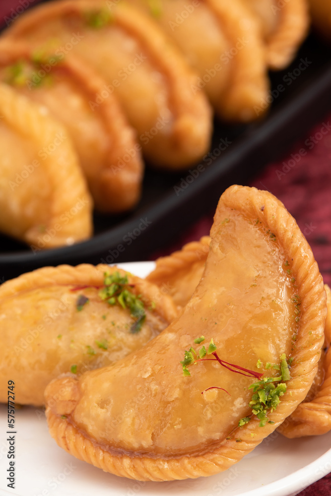 Gujia Also Called Gujiya, Pirukiya, Pirukia, Pedakiya, Karanji, Basundi Or Gughra Stuffed With Mawa, Khoya, Chasni, Mava, Khoa - Indian Sweet Dumpling Enjoyed On Deepawali, Teez, Holi, Diwali And Teej
