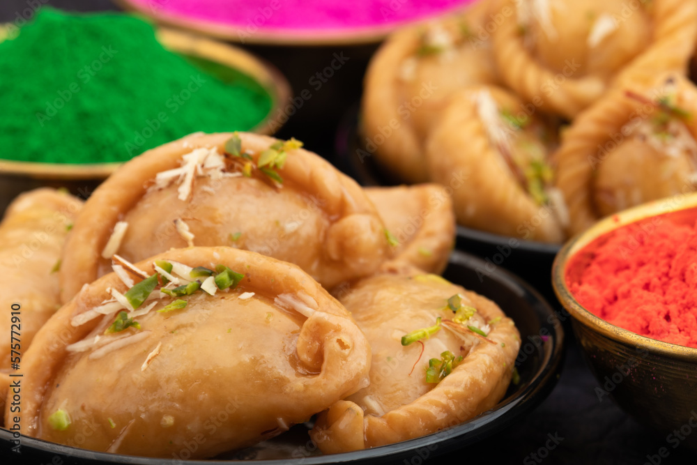 Gujia Also Called Gujiya, Pirukiya, Pirukia, Pedakiya, Karanji, Basundi Or Gughra Stuffed With Mawa, Khoya, Chasni, Mava, Khoa - Indian Sweet Dumpling Enjoyed On Deepawali, Teez, Holi, Diwali And Teej Gujia Also Called Gujiya, Pirukiya, Pirukia, Pedakiya, Karanji, Basundi Or Gughra Stuffed With Mawa, Khoya, Chasni, Mava, Khoa - Indian Sweet Dumpling Enjoyed On Deepawali, Teez, Holi, Diwali And Teej