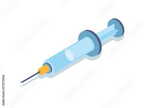 First aid syringe. Inventory for introduction of drugs and injections. Clinic and hospital tools, health care and disease treatment. Cartoon isometric vector illustration