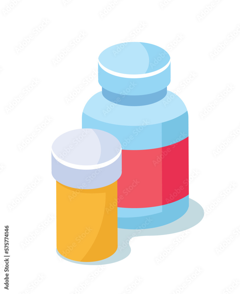 First aid bottles. Yellow and red packages with pills, drugs, medicines and syrup. Set for treatment of colds, painkillers and antipyretics. Cartoon isometric vector illustration First aid bottles. Yellow and red packages with pills, drugs, medicines and syrup. Set for treatment of colds, painkillers and antipyretics. Cartoon isometric vector illustration