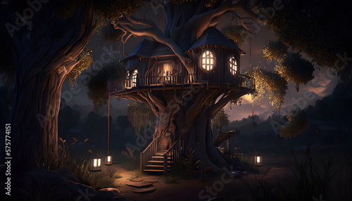 treehouse magical night -ai generative