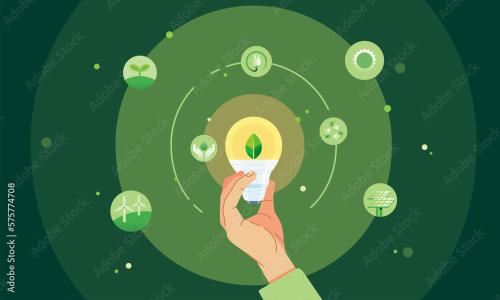 Fototapeta premium Hands holding green ecology light bulb renewable energy idea environmental icons windmill, recycle, solar panel, electric car eco friendly technology concept