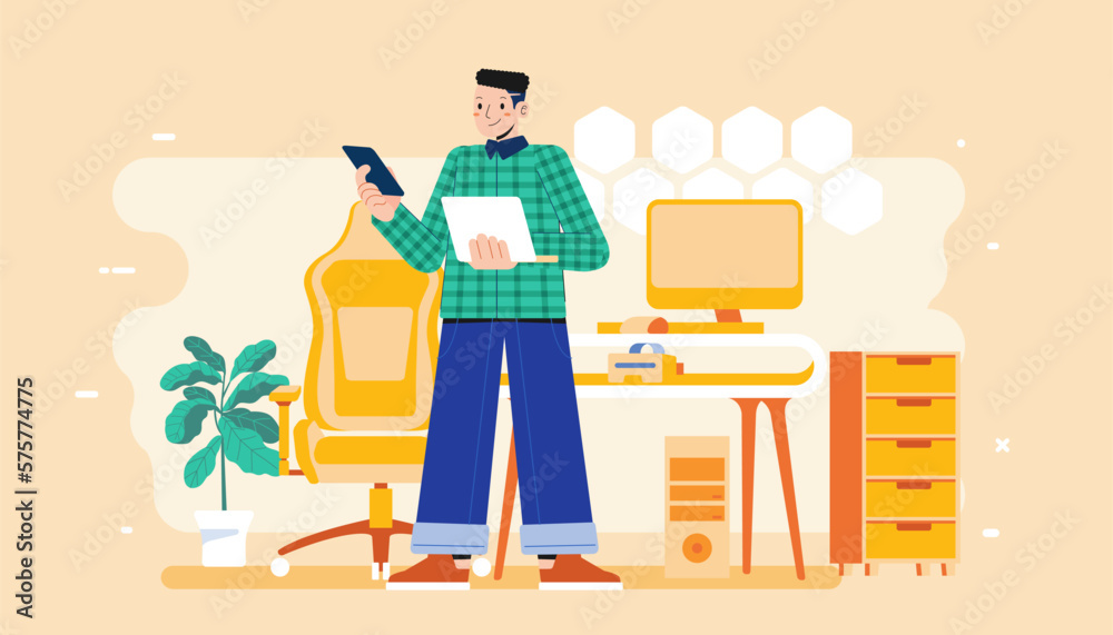 Young man working at her desk at home with laptop at her desk and testing app ui and ux on smartphone Vector illustration of freelancer designer Young man working at her desk at home with laptop at her desk and testing app ui and ux on smartphone Vector illustration of freelancer designer