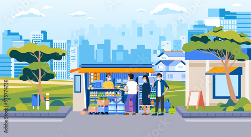 Local traditional grocery stall store Queue of people shop daily needs in suburb man merchant welcomes the custommer city background