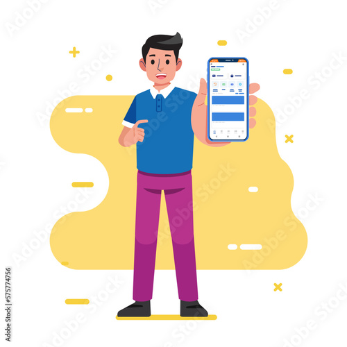 Young man worker stand show phone screen and show Advertising or presentation of mobile applications recommendation apps vector illustration