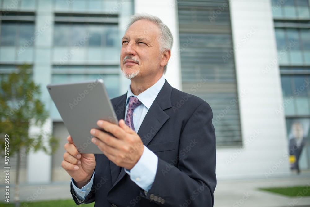 Senior businessman using his tablet in a city