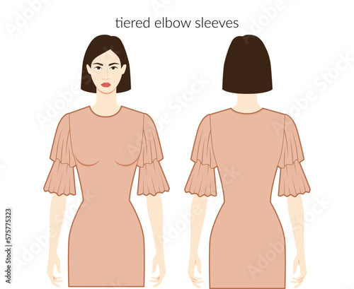 Tiered sleeves clothes character beautiful lady in nude top, shirt, dress technical fashion illustration with elbow length, fitted. Flat apparel template front, back sides. Women men unisex CAD mockup