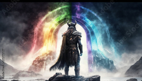 Heimdall the watchman of the gods, standing guard over Bifrost, the rainbow bridge - German Mythologies - Generative AI