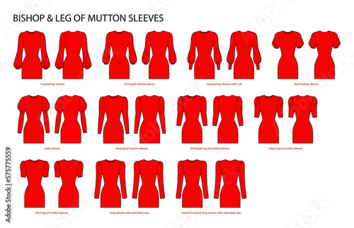 Set of Bishop and Leg of mutton sleeves clothes with cuff, Juliet, extended cups technical fashion illustration with fitted body. Flat apparel template front, back sides. Women, men unisex CAD mockup