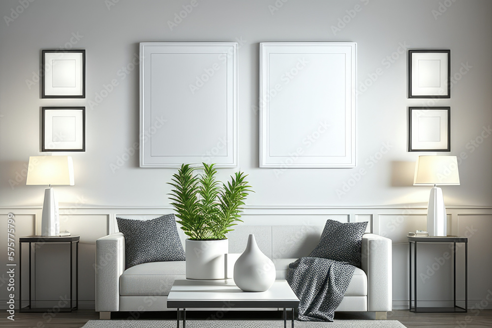Fototapeta premium Leere weiße Rahmen in einem modernen Wohnzimmer created with Generative AI technologies