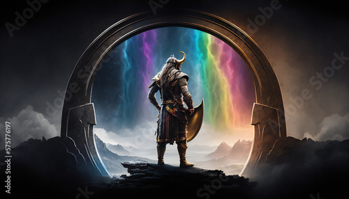 Heimdall the watchman of the gods, standing guard over Bifrost, the rainbow bridge - German Mythologies - Generative AI
