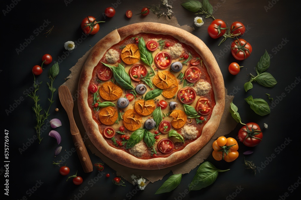 Pizza on a table illustration. Studio Shot. Generative AI