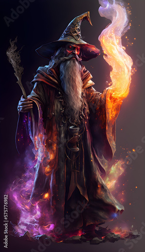 a wizard  character with a magical fire on his hand  -ai generative  © Klay