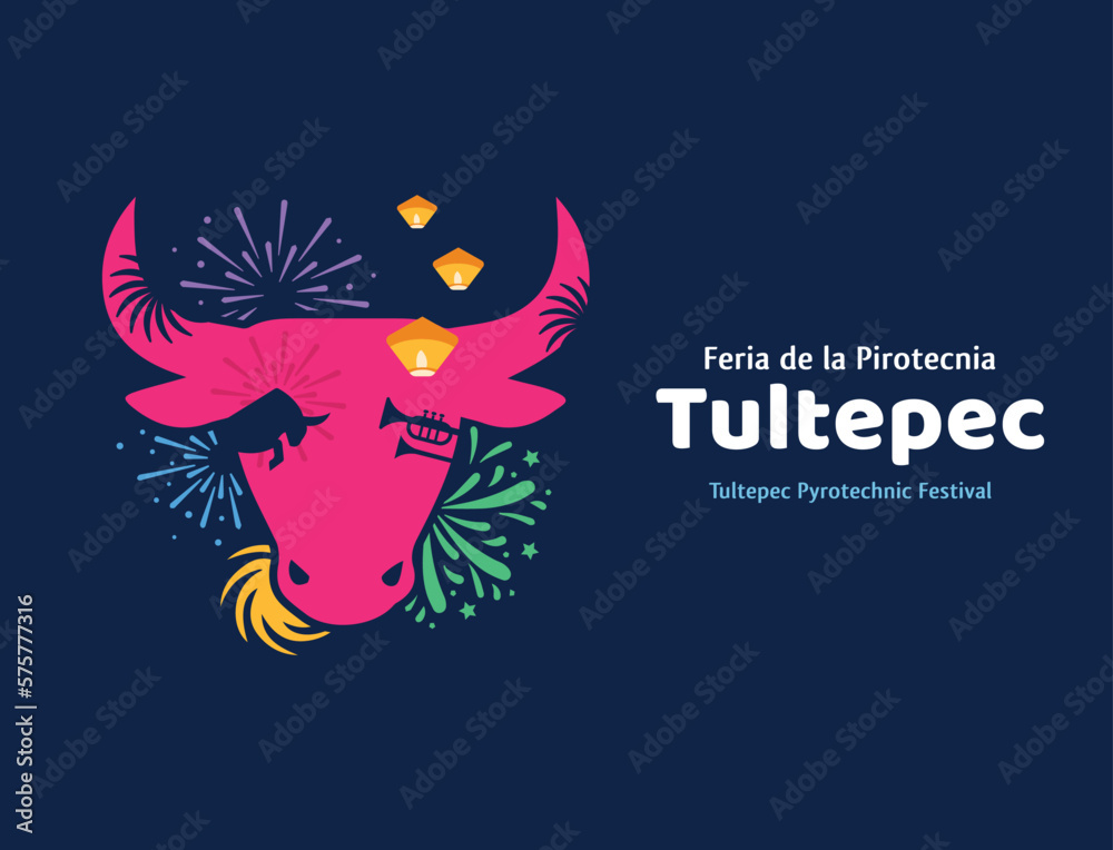 VECTORS. Illustration for the Pyrotechnic Festival in Tultepec, Mexico. Firework fair, bull, tradition, art