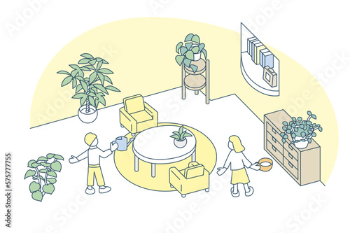 家のリビング。植物の中でゆったりくつろぐ