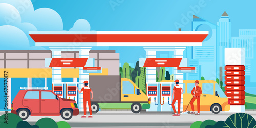 Gas station with shop in city background people refueling cars man in uniform fueling car at petrol station