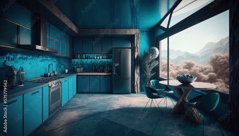 interior of a blue kitchen at house. Scene view at tall windows, generative ai. Epic old luxury, tall ceilings