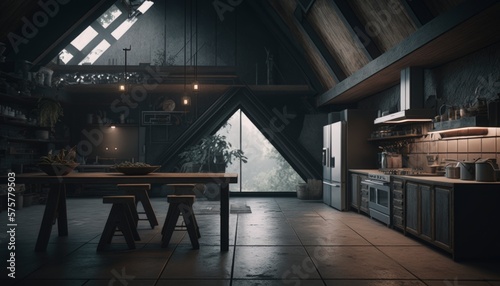 interior of a dark black kitchen at house. Scene view at tall windows, generative ai. Epic old luxury, tall ceilings