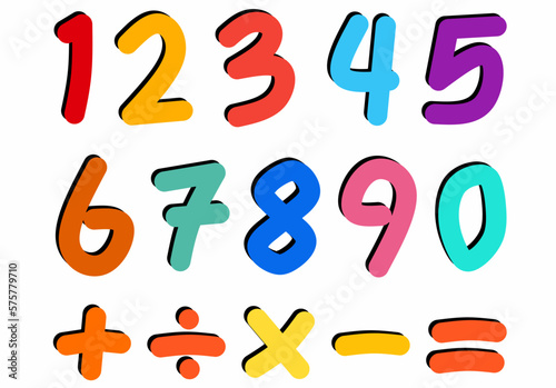 colorful numbers and math Symbol with black shadow isolated on white background