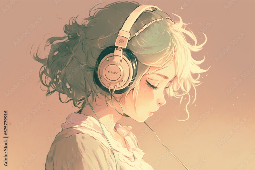 Anime style portrait of girl in headphones Stock Vector Image