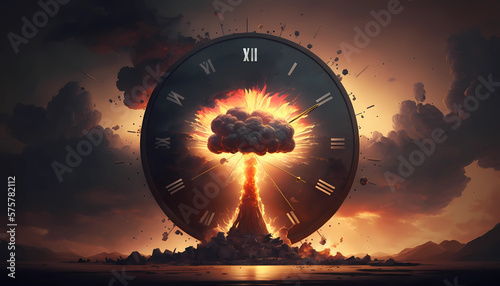 Doomsday Clock, nuclear war. Countdown to midnight, atomic bomb explosion. Apocalypse. Generative AI photo