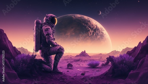 Astronaut exploring purple planet, Landscape on purple exoplanet, Generative AI photo
