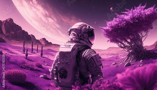 Astronaut exploring purple planet, Landscape on purple exoplanet, Generative AI