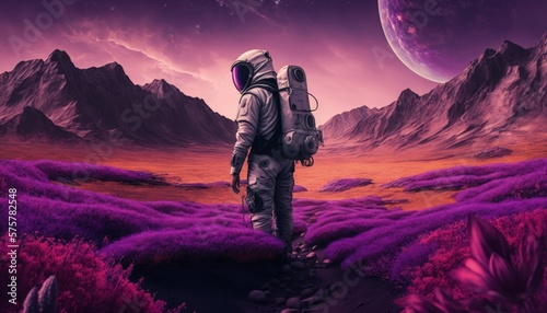 Astronaut exploring purple planet, Landscape on purple exoplanet, Generative AI