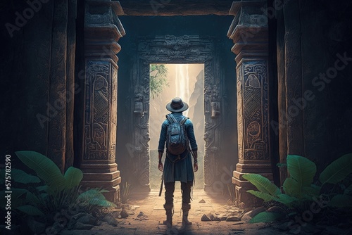 Explorer at ancient temple door in forest, temple lost in the jungle, Generative AI
