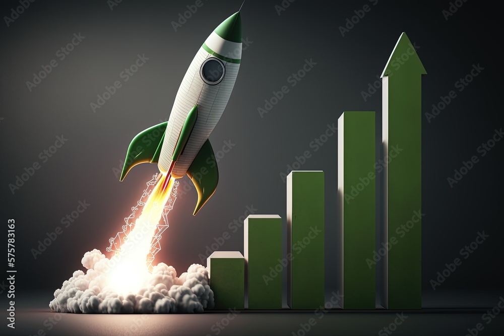 Rocket taking off and green bar graphs, successful startup concept ...