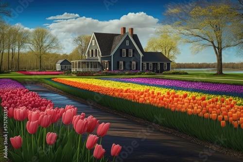 Tulip field landscape, tulip plantation, Generative AI