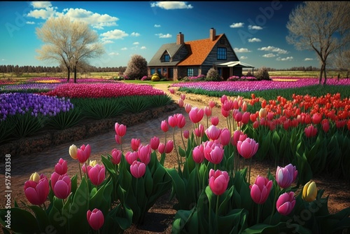 Tulip field landscape, tulip plantation, Generative AI #575783358
