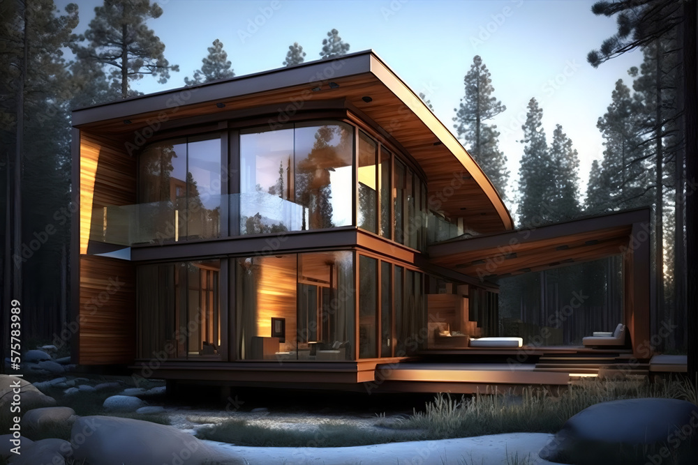 Image showcasing eco-home, seamlessly blends sleek and minimalist design with natural ...