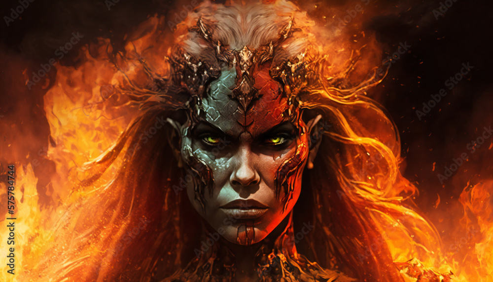 Hel god of Darkness - on fire - German Mythologies - Generative AI