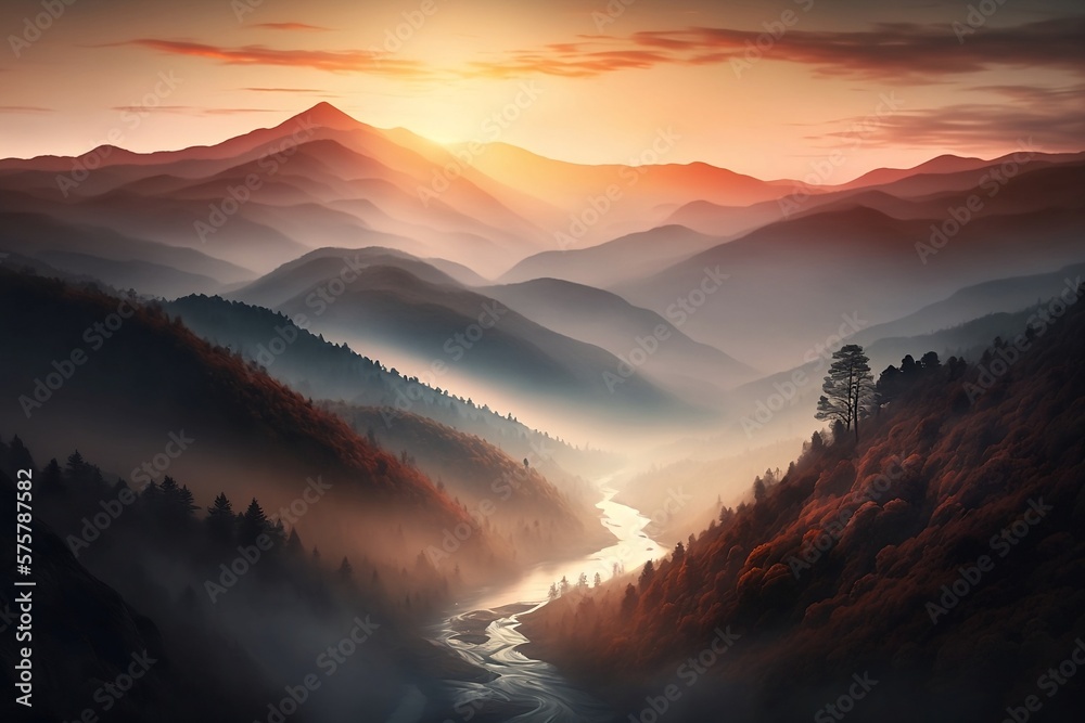 Ai art of a pink and purple sunrise in the smoky mountains with a river running through the valley computer wallpaper background - obrazy, fototapety, plakaty 